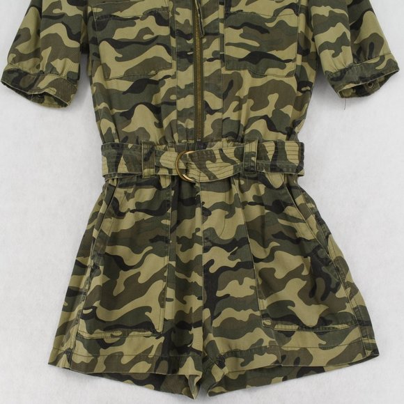 Pam & Gela Womens Romper Green Camo Puff Sleeve Zip Front Elastic Waist Jumpsuit - Picture 3 of 9